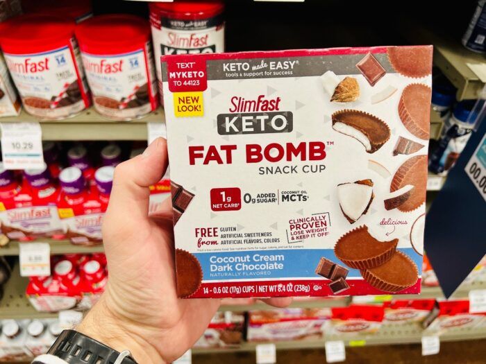 Pack of SlimFast Keto Fat Bombs Snack Cups in a supermarket.