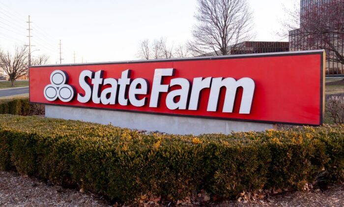 State Farm sign at its headquarters in Bloomington, Illinois, USA. State Farm Insurance is a large group of mutual insurance companies in USA