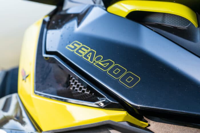 Close up of jet ski with SeaDoo BRP logo.