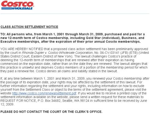 Costco Class Action Summary Notice Costco Class Action Summary Notice
