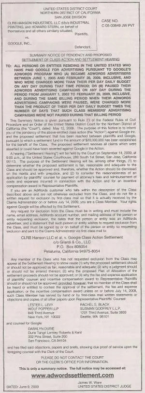 Google AdWords Summary Notice