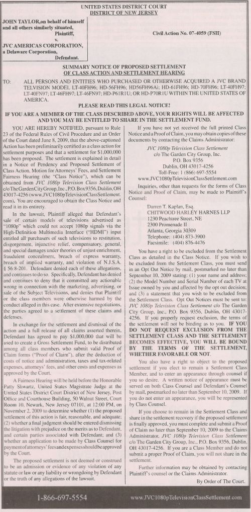 JVC HD TV Short Form Notice