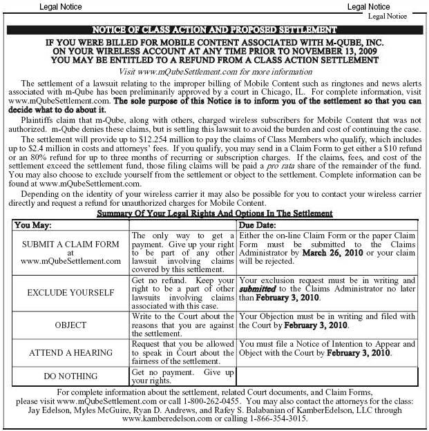 mQube Ringtone Mobile Content Class Action Lawsuit Settlement Short Form Notice mQube Ringtone Mobile Content Class Action Lawsuit Settlement Short Form Notice