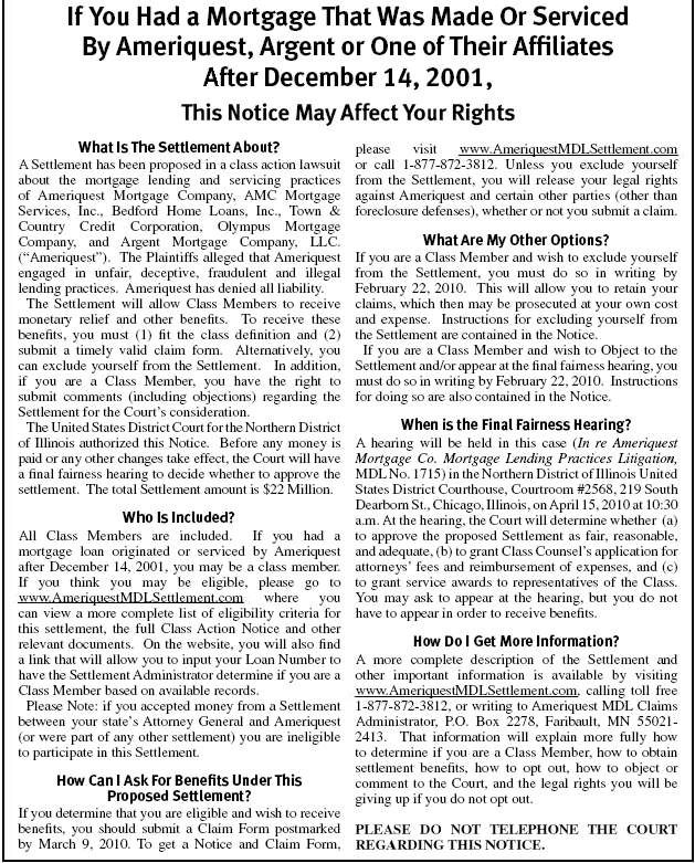 Ameriquest Mortgage Class Action Lawsuit Settlement Short Form Notice
