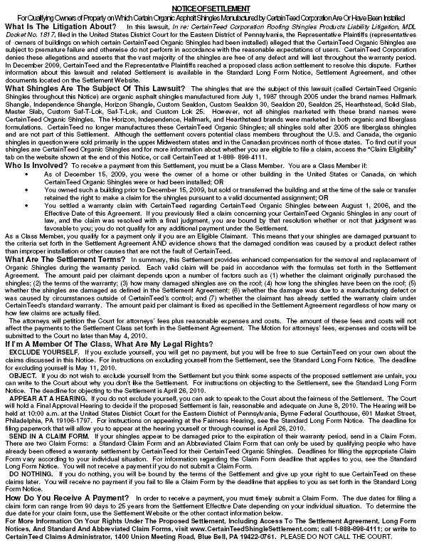 CertainTeed Organic Shingle Class Action Lawsuit Settlement Notice