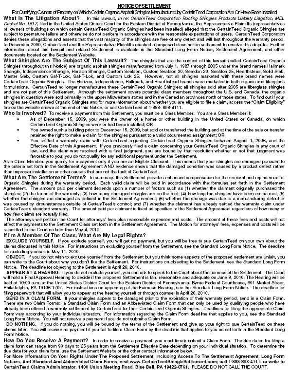 CertainTeed Organic Shingle Class Action Lawsuit Settlement Notice