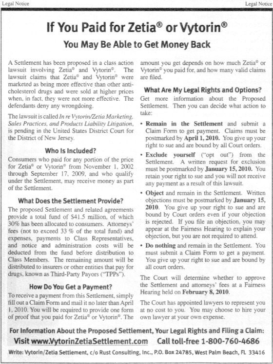 Zetia Vytorin Class Action Lawsuit Settlement Notice