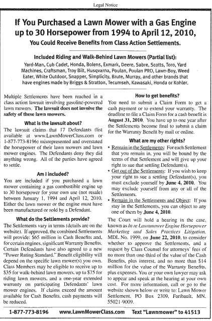 Lawn Mower Class Action Lawsuit Settlement Summary Notice