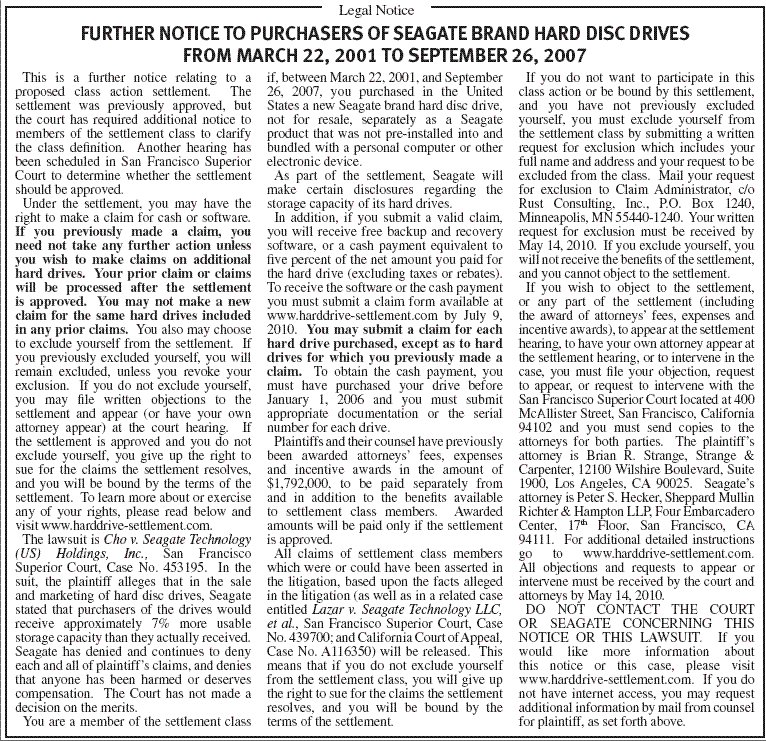 Seagate Hard Disk Drive Summary Notice