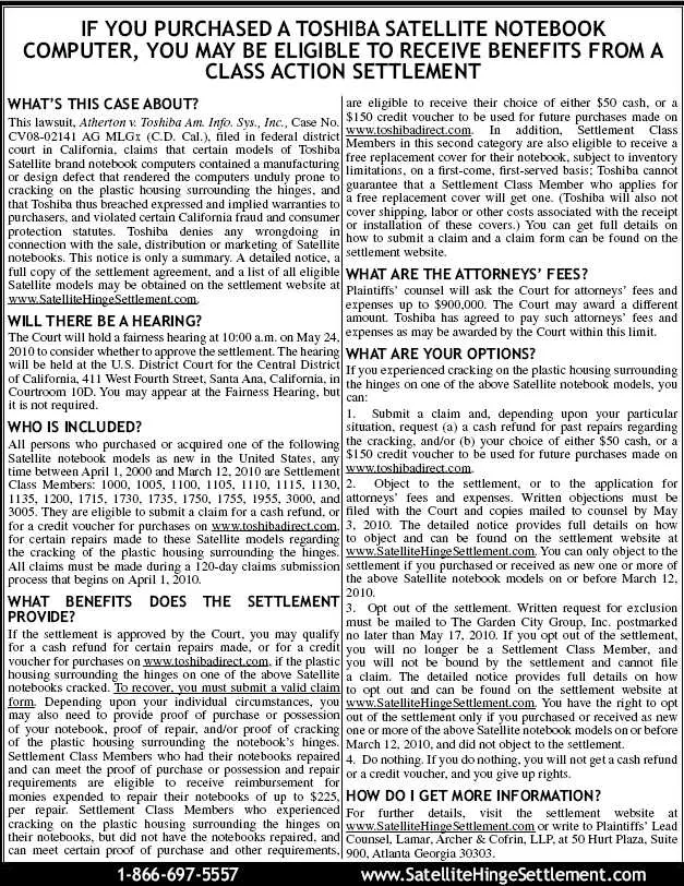 Toshiba Satellite Broken Hinge Class Action Lawsuit Settlement Short Form Notice