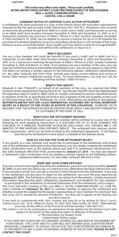 Alltel Class Action Settlement Notice Alltel Class Action Settlement Notice