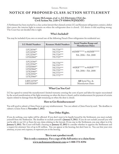 Kenmore, LG Refrigerator Settlement Notice