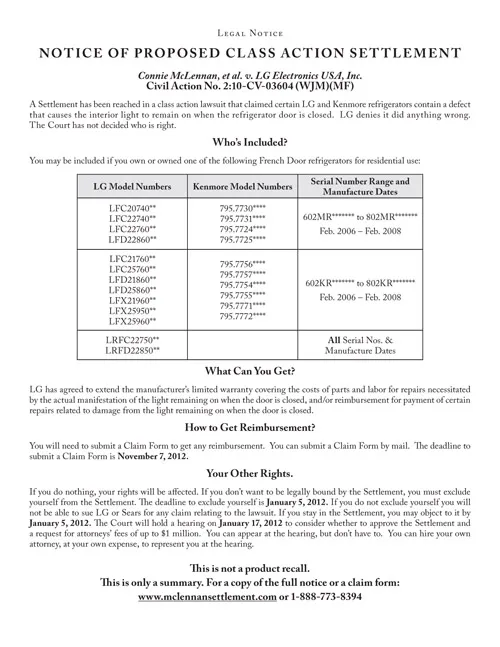 Kenmore, LG Refrigerator Settlement Notice