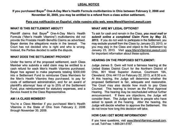 Bayer Men's Vitamins Settlement Notice Bayer Men's Vitamins Settlement Notice