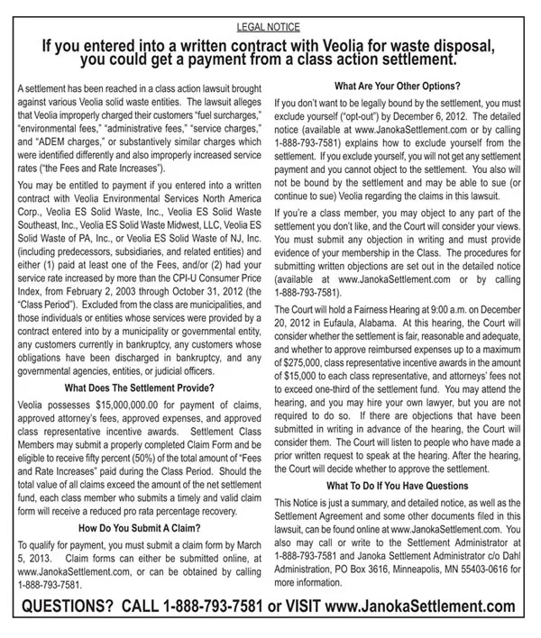 Veolia Settlement Notice