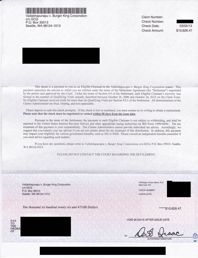 Burger King Settlement Check