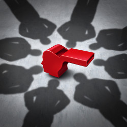 Intimidation of whistleblower concept and whistle blower stress symbol representing the pressure experienced for exposing corruption with shadows of people who do not follw the rules as a red whistle shaped as a human head.