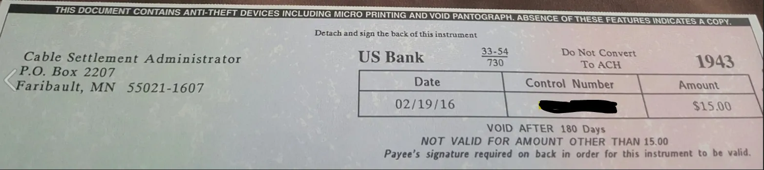 image of comcast settlement check