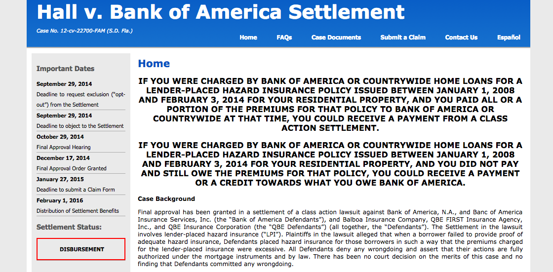 Bank of America ForcePlaced Insurance Settlement Checks Mailed Top