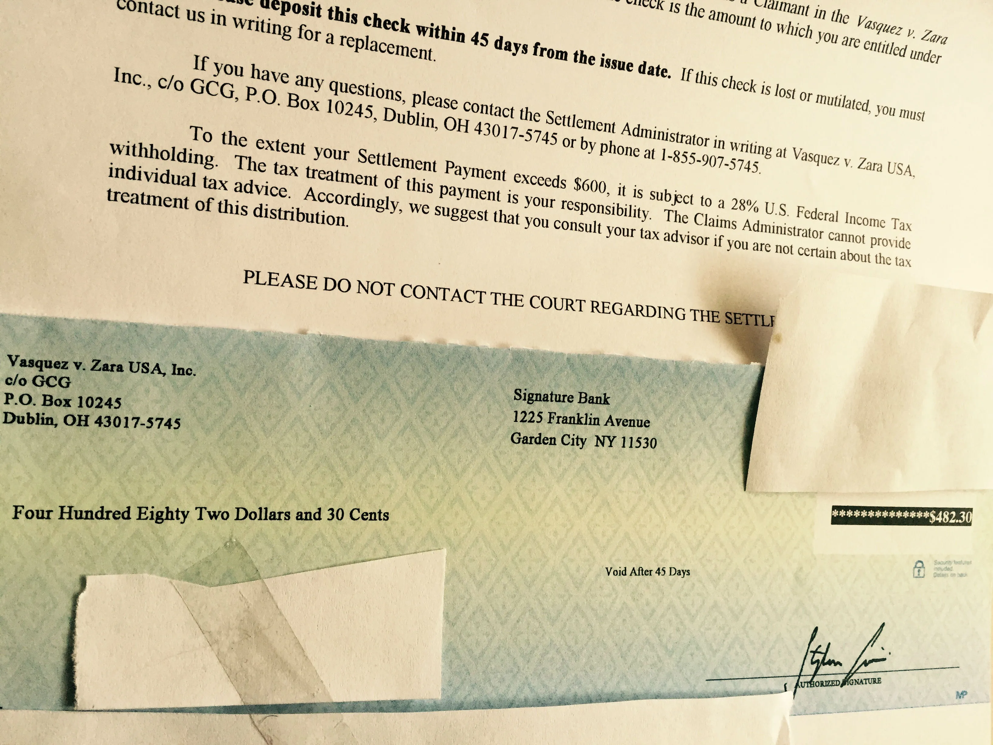 Zara-Settlement-check
