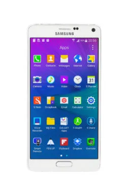 Varna, Bulgaria - February 27, 2015: Studio shot of a black Samsung Galaxy Note 4 smartphone, with 16 mP Camera, quad-core 2,7 GHz and 5.7 inch display, 1440x 2560 pixels resolution.
