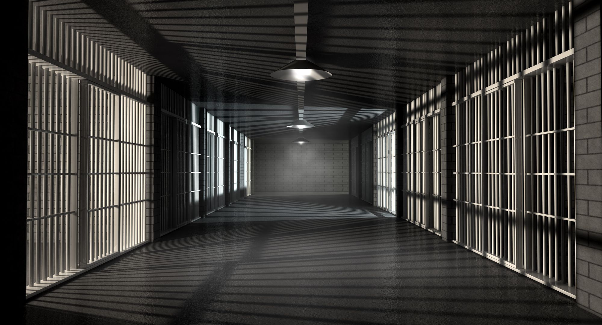 A corridor in a prison at night showing jail cells illuminted by various ominous lights