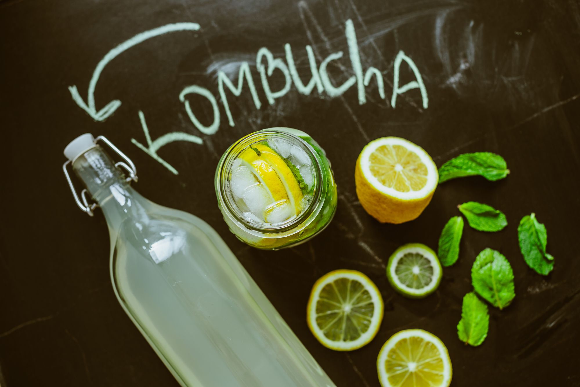 Top view on homemade Kombucha with fruits