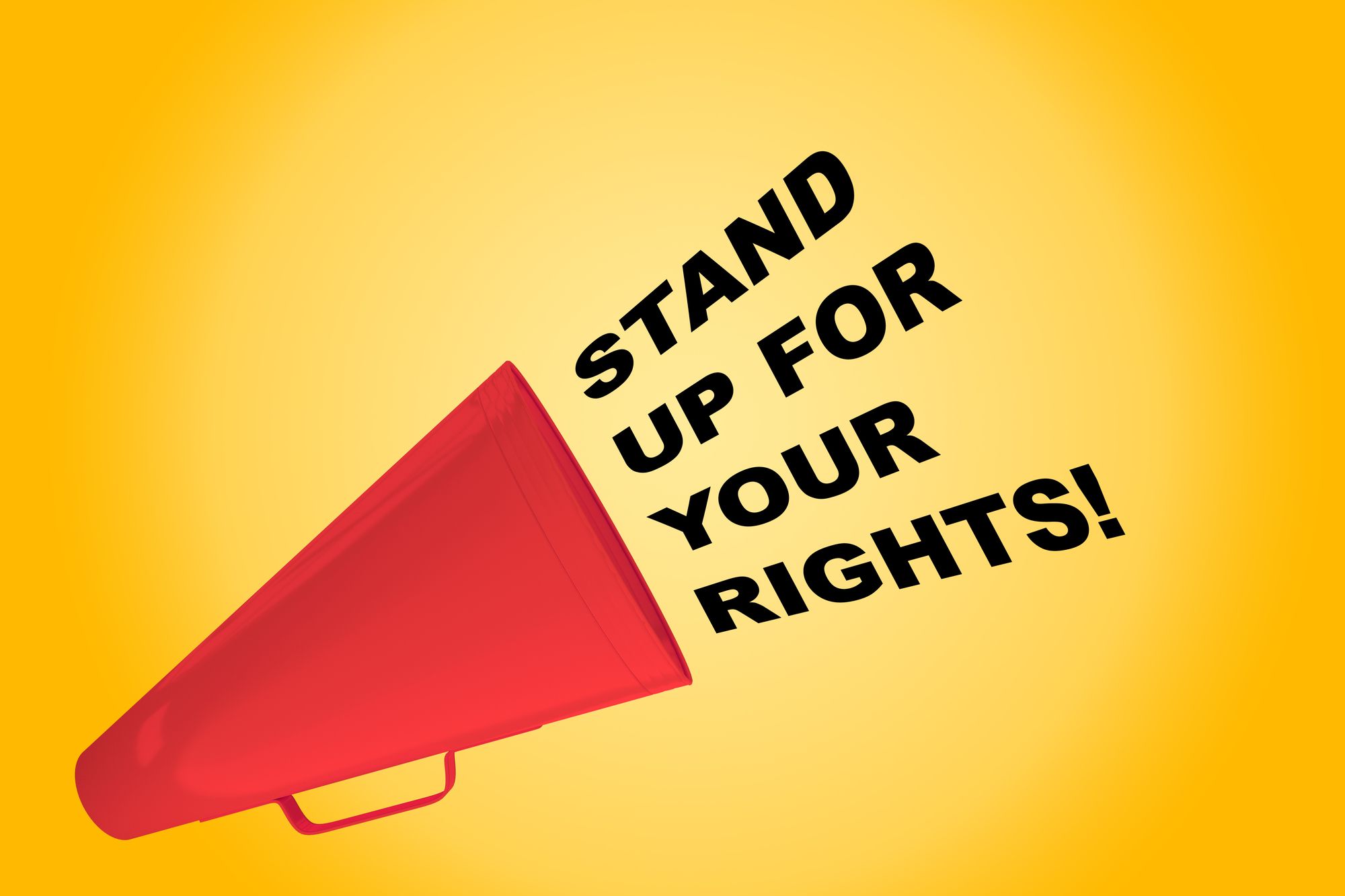 3D illustration of "STAND UP FOR YOUR RIGHTS!" title flowing from a loudspeaker