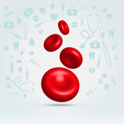 Glossy realistic natural red blood cells hanging in space on medical icons set background pattern
