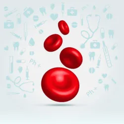 Glossy realistic natural red blood cells hanging in space on medical icons set background pattern