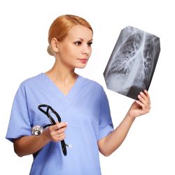 Female doctor looking at chest X-ray isolated on white
