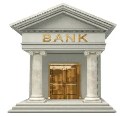 Iconic 3D caricatyure model of a bank isolated on a white background