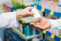 Cropped image of a pharmacist giving the patient a bottle with pills on the foreground