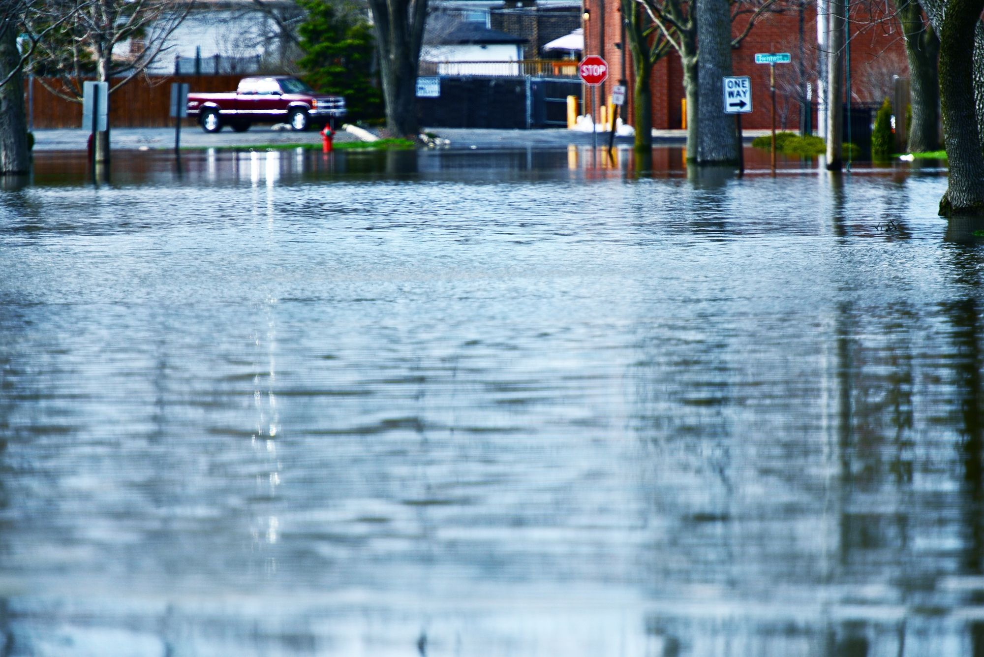 Deep Flood Water on the Street. Illinois Big Flood.