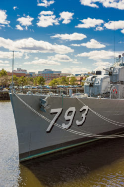 Boston, USA - April 28, 2015: Fletcher-class destroyer named after Captain Cassin Young moored in the Navy Yard in Boston, USA. There are only 4 such ships afloat.