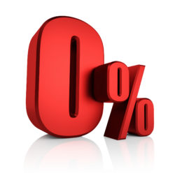 0 percent on white background. 3d rendering red discount