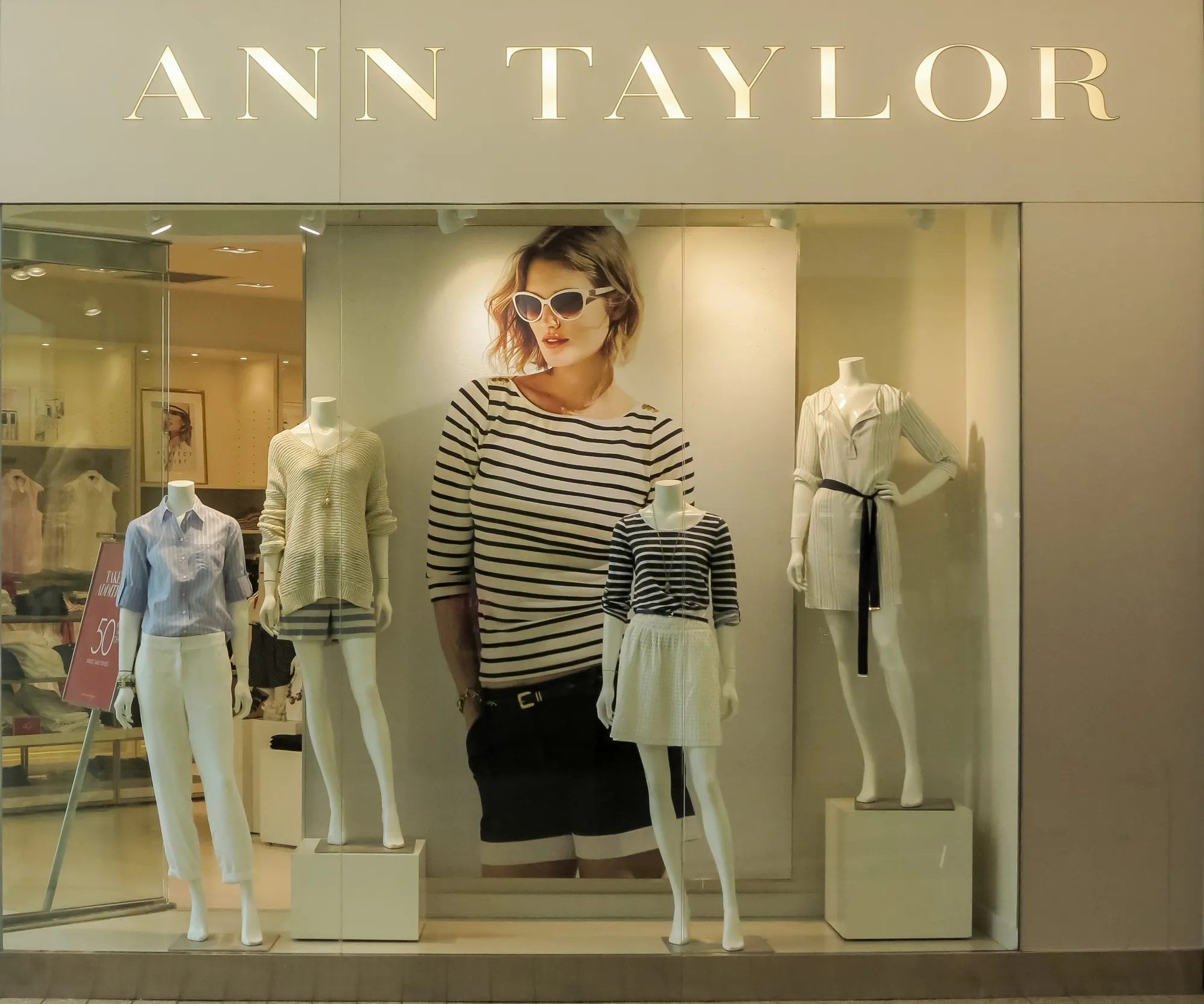 DENVER, USA - JUNE 25, 2014: View at Ann Taylor store in Denver. Ann Inc. is an American group of specialty apparel retail chain stores for women founded at 1954.