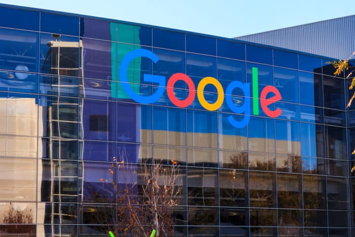 Google Headquarters, Mountain View, California. Google logo on the office building is in this photo.