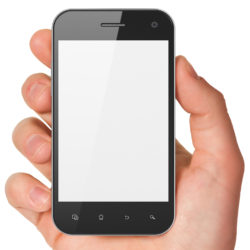 Hand holding smartphone on white background. Generic mobile smart phone, 3d render.