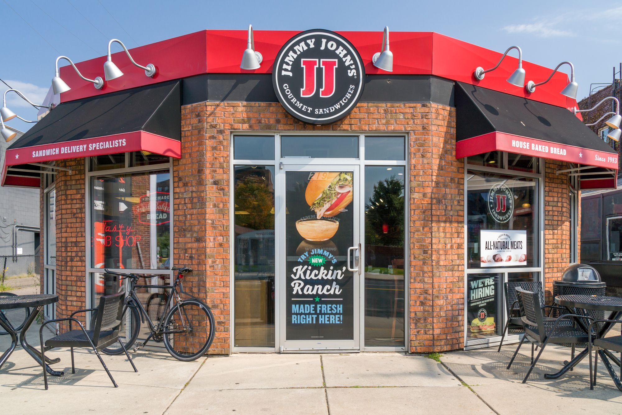ST PAUL, MN/USA - SEPTEMBER 10, 2017: Jimmy John's restauraut exterior. Jimmy John's is an American fast food restaurant franchise that sells submarine sandwiches and salads.