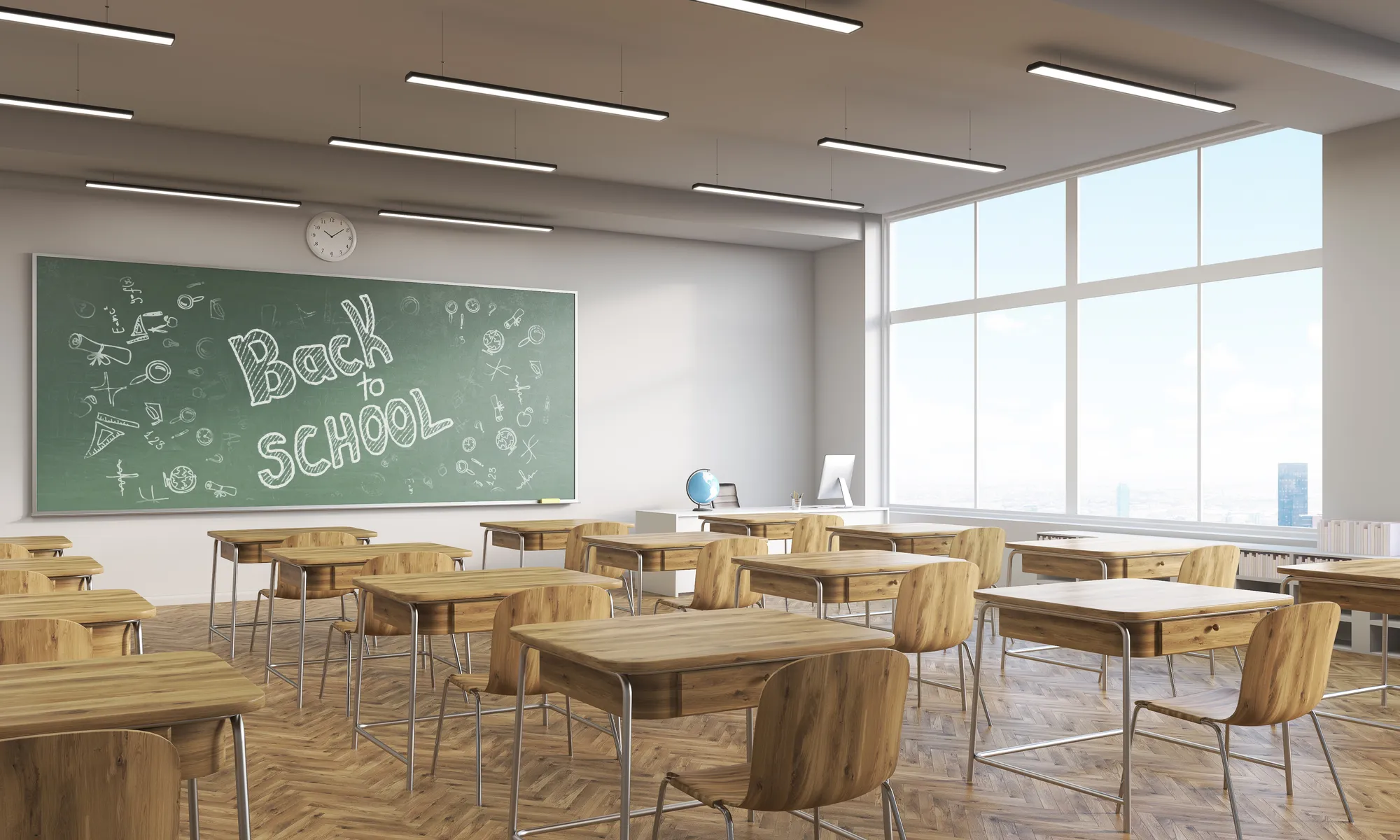 Wooden classroom interior at school. Concept of obtaining education. Back to school. 3d rendering.