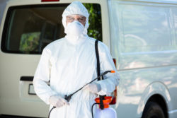 Portrait of pest control man standing behind a van