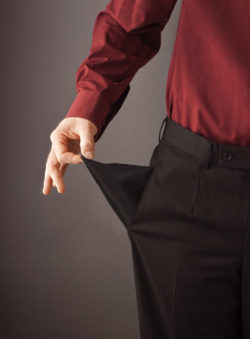 man with empty pocket, overdraft