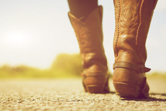 Close up low angle female with cowboy boots