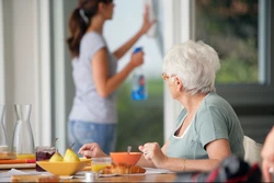 in home elder care worker with woman having breakfast