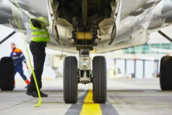 A mechanic works on a commercial airliner.
