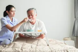 Older asian man being fed by nurse in bed