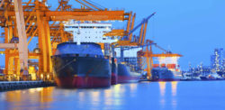 Commercial container ships docked.