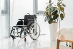 Empty wheelchair at rehabilitation center.