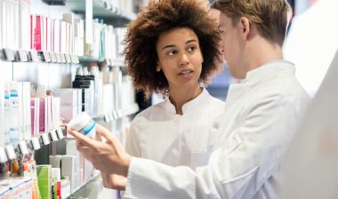 Pharmacists discussing a drug.